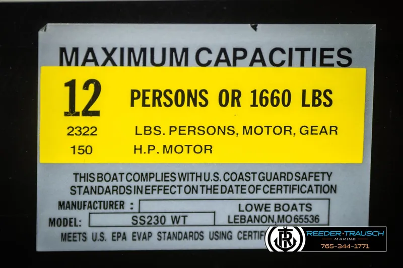 Slide: The Image of Maximum capacity label for 2016 Lowe SS230 boat: 12 persons or 1660 lbs. - 46