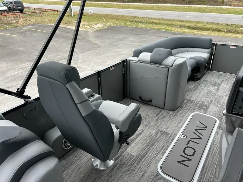 Slide: The Image of 2025 Avalon 2585 Catalina Quad Lounger interior with gray seating and modern design. - 10