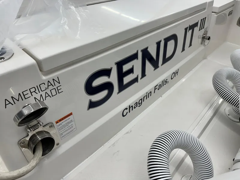 Slide: The Image of 2022 Pursuit S 378 Sport boat with "Send It" text, Chagrin Falls, OH. - 30