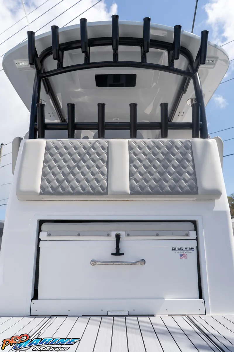 Slide: The Image of 2023 Front Runner 39 Center Console boat with sleek design and quilted seating. - 20