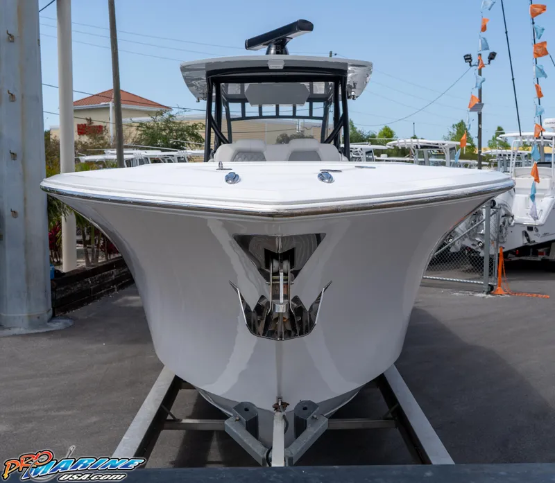 Slide: The Image of 2023 Front Runner 39 Center Console boat on display, front view. - 6