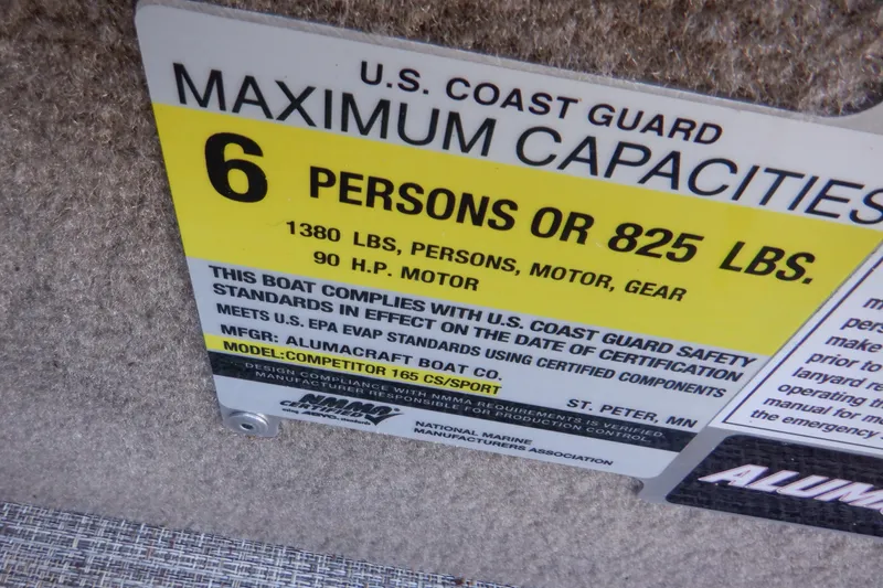 Slide: The Image of U.S. Coast Guard capacity label for 2020 Alumacraft Competitor 165 Sport boat. - 19