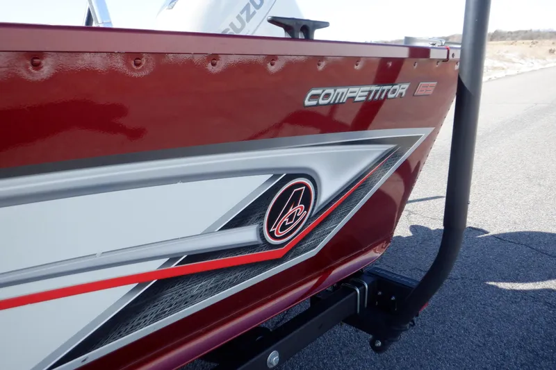 Slide: The Image of 2020 Alumacraft Competitor 165 Sport boat, red and silver detailing, side view. - 9