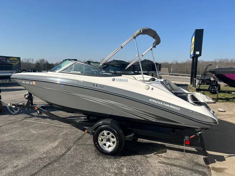 Slide: The Image of 2015 Yamaha SX192 boat on trailer, parked outdoors under clear blue sky. - 4