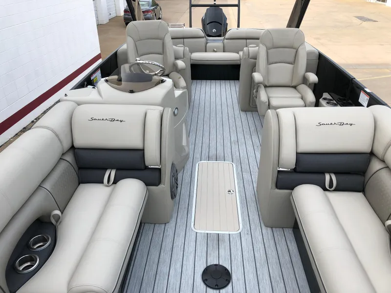 Slide: The Image of 2018 South Bay 25 Sport CR9 pontoon boat with luxurious seating and modern design. - 21