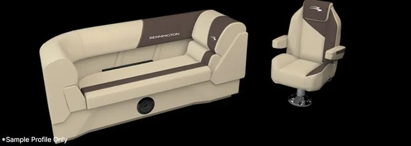 Slide: The Image of 2025 Bennington 20SSR boat seating in beige and brown, featuring a sofa and captain's chair. - 7