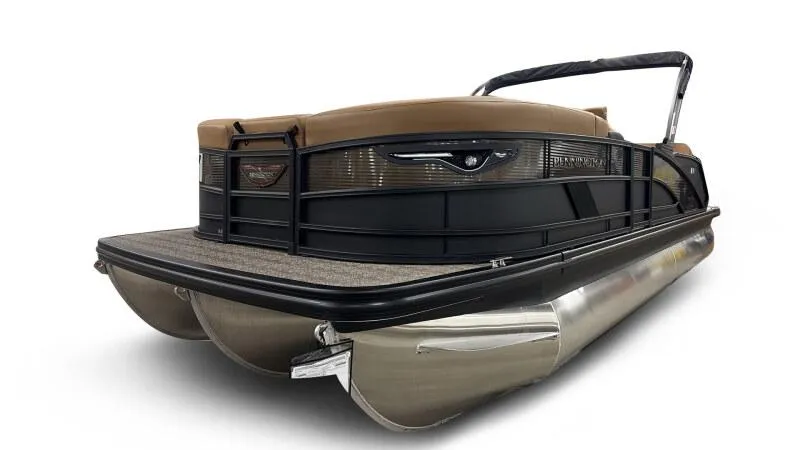 Slide: The Image of 2025 Bennington 22MSB-SPS pontoon boat, rear view, showcasing sleek design and dual pontoons. - 2