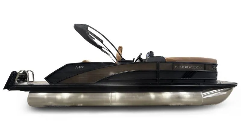 Slide: The Image of 2025 Bennington 22MSB-SPS pontoon boat, sleek design, black and brown color scheme. - 3