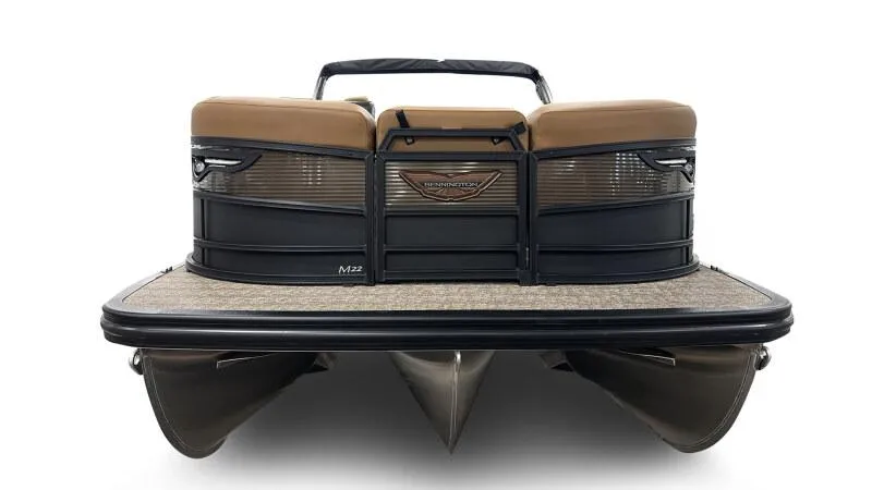 Slide: The Image of 2025 Bennington 22MSB-SPS pontoon boat, rear view, showcasing sleek design and dual pontoons. - 5