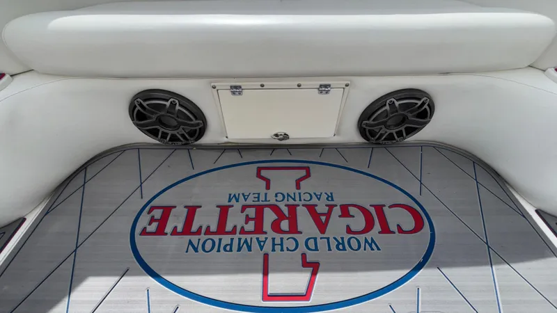 Slide: The Image of 1993 Cigarette 38 Top Gun boat interior with branded flooring and speakers. - 19