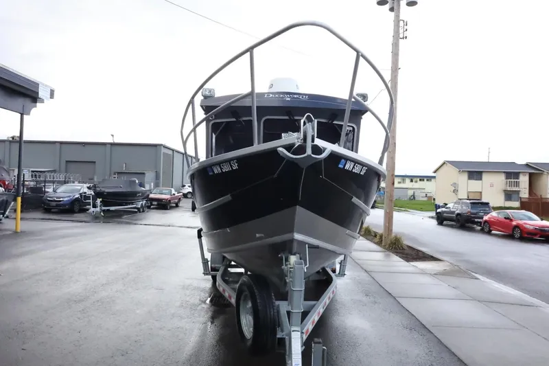 Slide: The Image of 2015 Duckworth 26 Offshore boat on trailer in parking lot. - 8