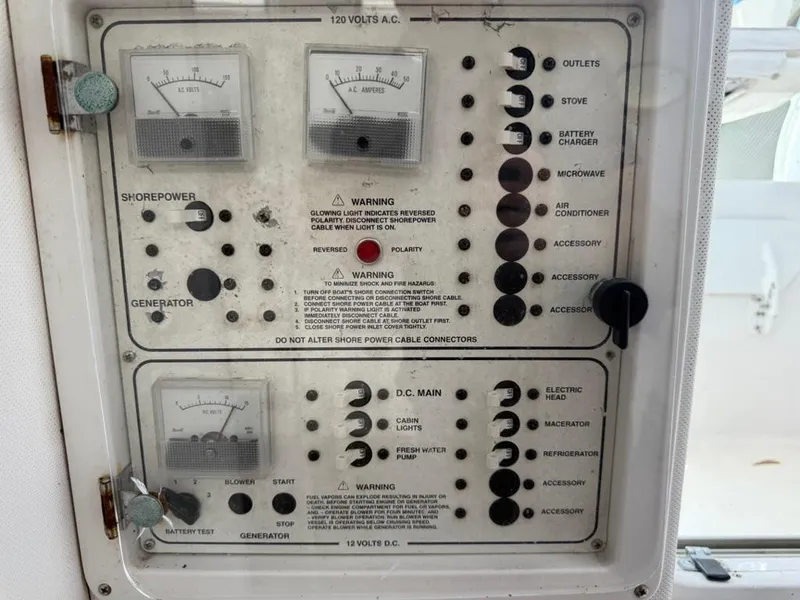 Slide: The Image of Control panel of a 2000 Pro-Line 27 Walk boat, featuring various electrical switches and gauges. - 17