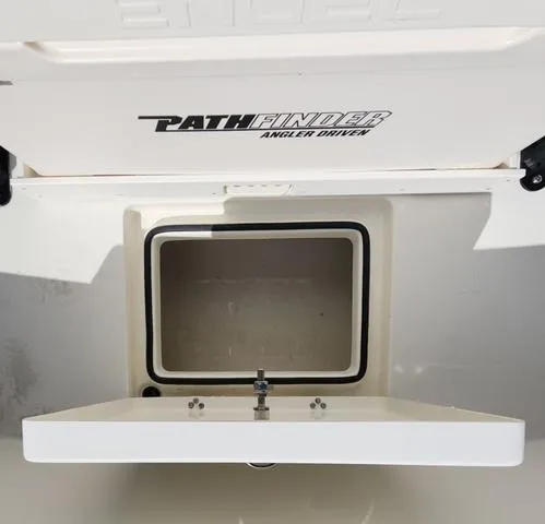 Slide: The Image of 2025 Pathfinder 2300 HPS storage compartment, open lid, white interior, "Angler Driven" branding. - 19