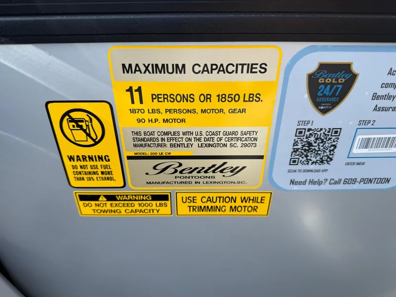 Slide: The Image of 2025 Bentley Pontoons LE 200 CW capacity label, 11 persons or 1850 lbs, safety warnings. - 15