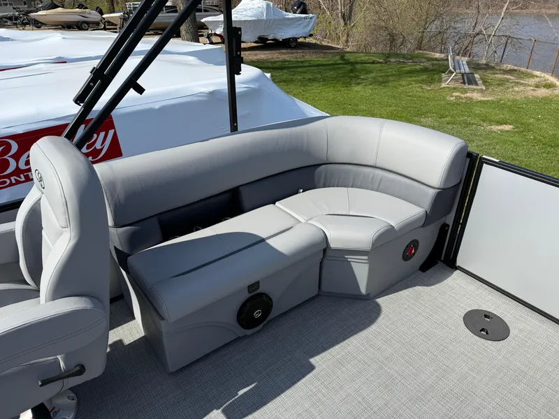 Slide: The Image of 2025 Bentley Pontoons LE 200 CW interior with gray seating and modern design. - 17