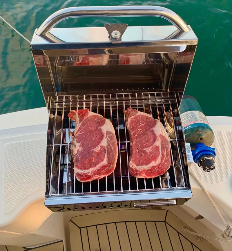 Slide: The Image of Grill with steaks on a 2006 Mainship Pilot 30-II Sedan boat deck. - 27