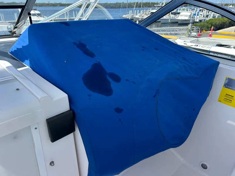 Slide: The Image of 1999 Pro-Line 2950 WALK boat with blue cover at marina. - 20