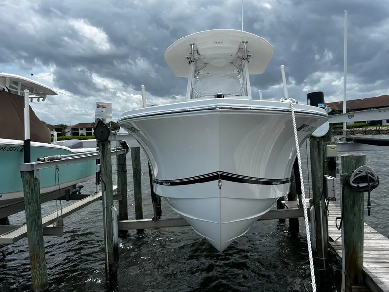 Slide: The Image of 2018 Regulator 23 Forward Seating boat docked under cloudy skies. - 2