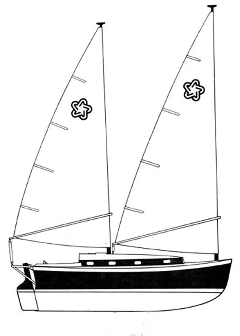 Slide: The Image of 1983 Freedom Cat Ketch sailboat illustration with dual masts and distinctive design. - 18