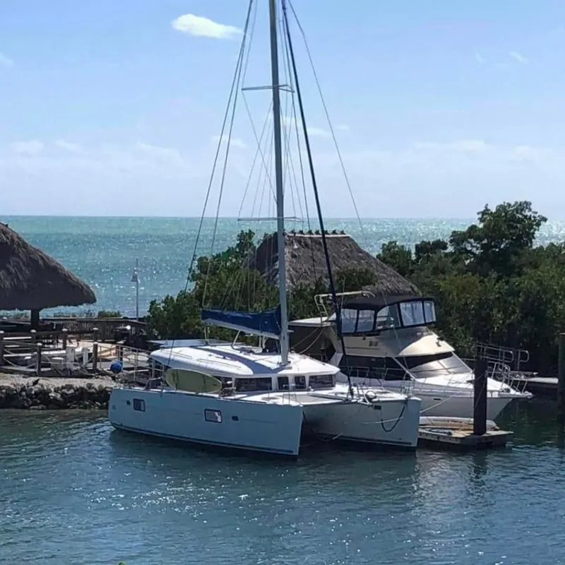 The Image of 2010 Lagoon 400 catamaran docked by the sea, clear sky, and lush greenery. - 0