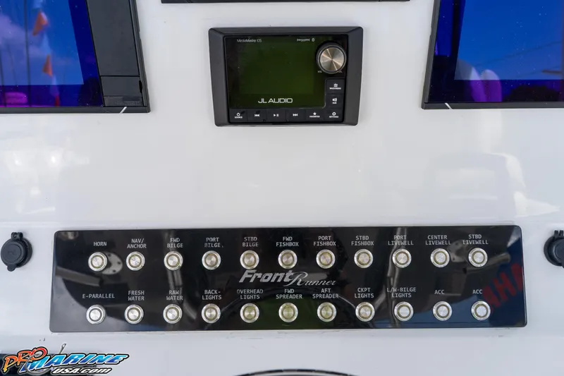 Slide: The Image of Control panel of 2023 Front Runner 36 Center Console with JL Audio system. - 15