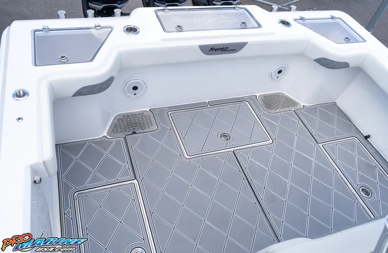 Slide: The Image of 2023 Front Runner 36 Center Console boat deck with diamond-patterned flooring. - 20