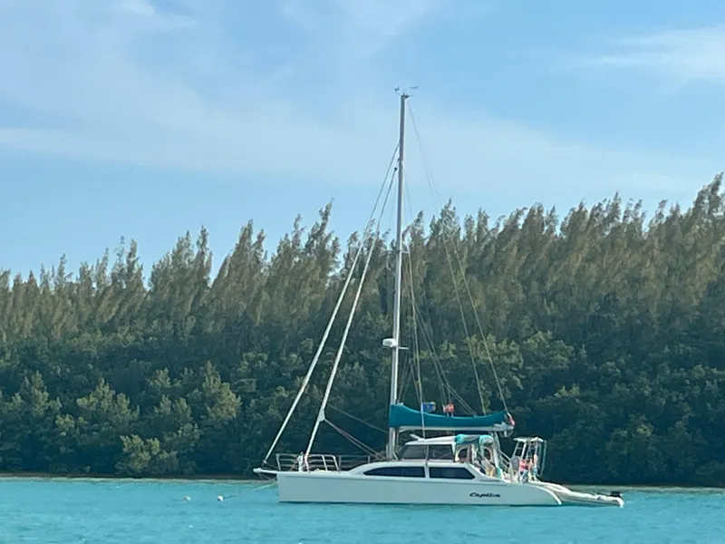 Slide: The Image of Sailing catamaran Seawind 1000, 2001 model, on turquoise water with forested background. - 0