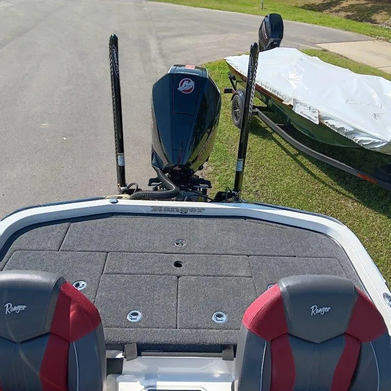 Slide: The Image of 2025 Ranger Z520 boat with dual seats and powerful outboard motor. - 8
