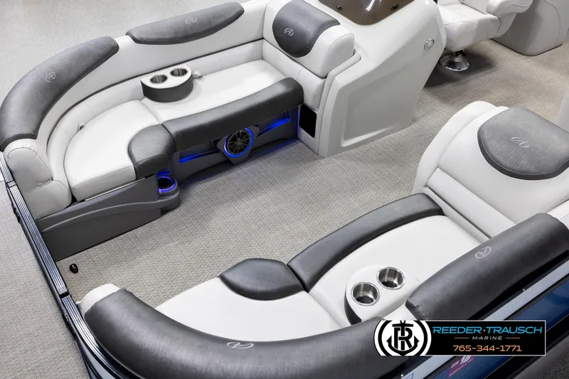 Slide: The Image of Luxurious seating in 2020 Avalon 2385 CAT EL pontoon boat with cup holders and sleek design. - 10