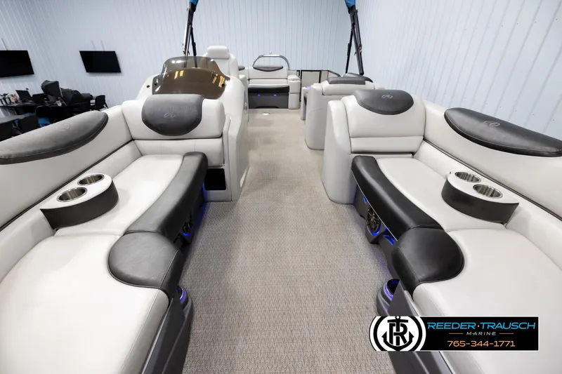 Slide: The Image of Luxurious 2020 Avalon 2385 CAT EL pontoon boat interior with plush seating and cup holders. - 13