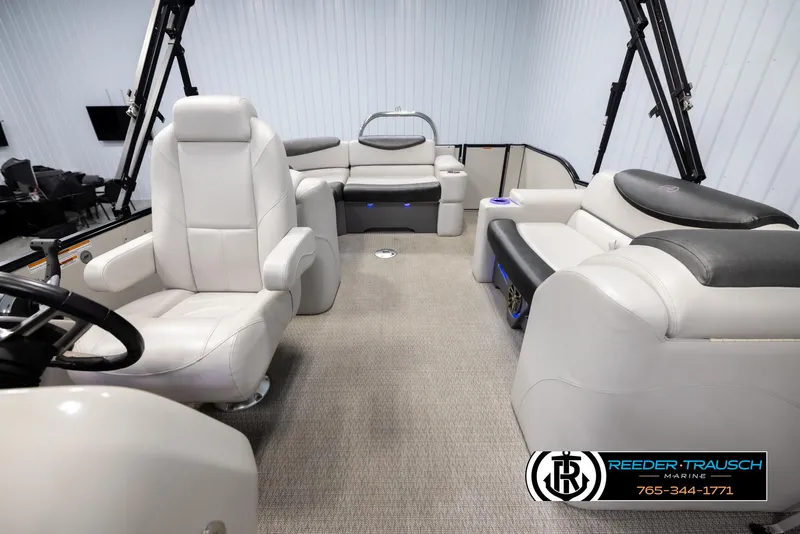 Slide: The Image of Interior of 2020 Avalon 2385 CAT EL pontoon boat with plush seating and modern design. - 14