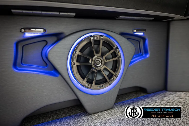 Slide: The Image of Speaker system with blue LED lights in a 2020 Avalon 2385 CAT EL boat. - 38