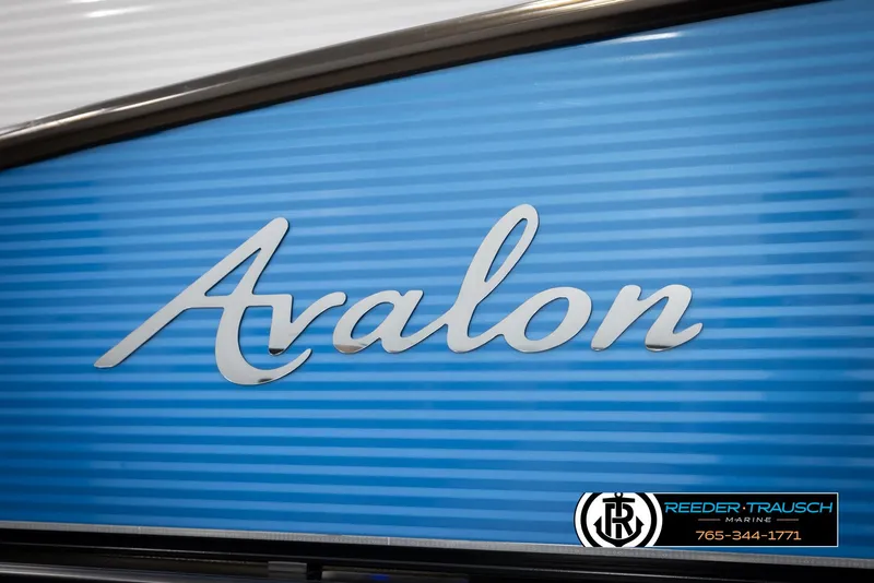 Slide: The Image of Avalon 2385 CAT EL 2020 model logo on blue background, Reeder-Trausch Marine branding. - 46