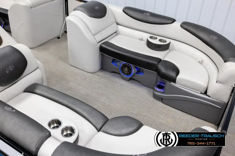 Slide: The Image of Luxurious seating in 2020 Avalon 2385 CAT EL pontoon boat with cup holders and speaker system. - 9