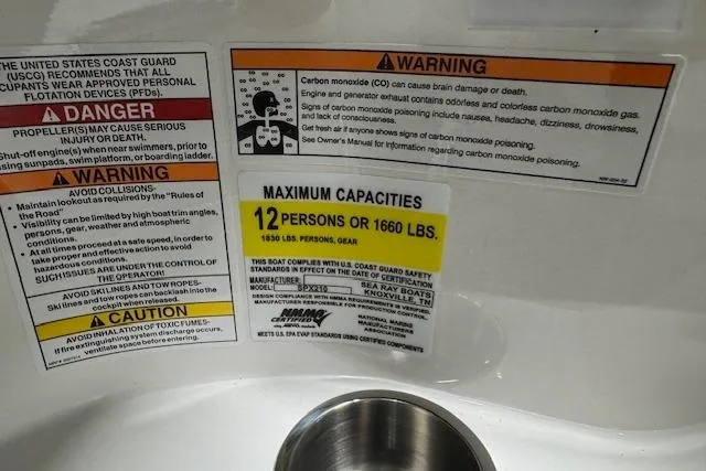 Slide: The Image of 2025 Sea Ray SPX 210 safety labels detailing maximum capacity and safety warnings. - 11