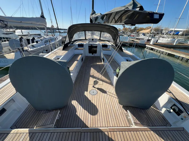 Slide: The Image of Xp 55 sailboat deck, 2015 X-Yachts model, docked at marina with clear skies. - 13