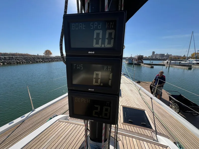 Slide: The Image of Display panel on 2015 X-Yachts Xp 55 sailboat, showing speed, wind, and depth readings. - 20