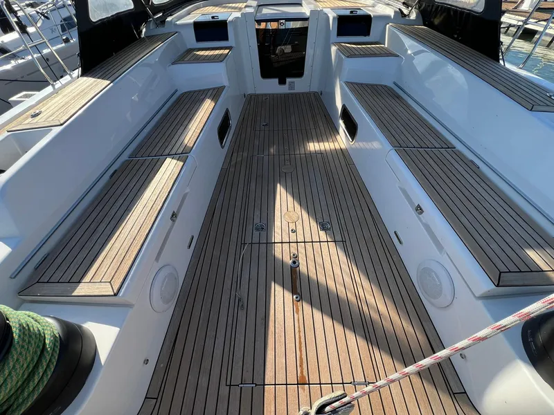 Slide: The Image of Spacious cockpit of 2015 X-Yachts Xp 55 with teak flooring and seating. - 23