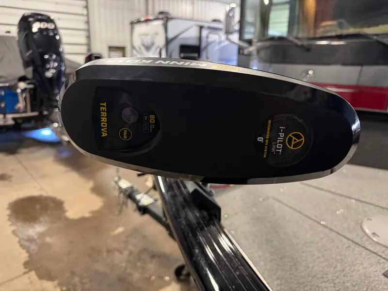 Slide: The Image of Minn Kota Terrova trolling motor on 2019 Lund 1675 Adventure Sport boat in garage. - 5