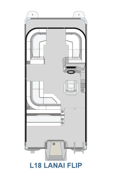 Slide: The Image of Floor plan of 2025 Qwest L18 Lanai pontoon boat, featuring seating and helm layout. - 1