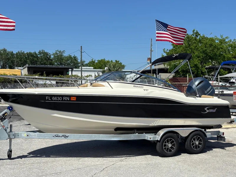 Slide: The Image of 2018 Scout 210 Dorado boat on trailer with American flags in background. - 14