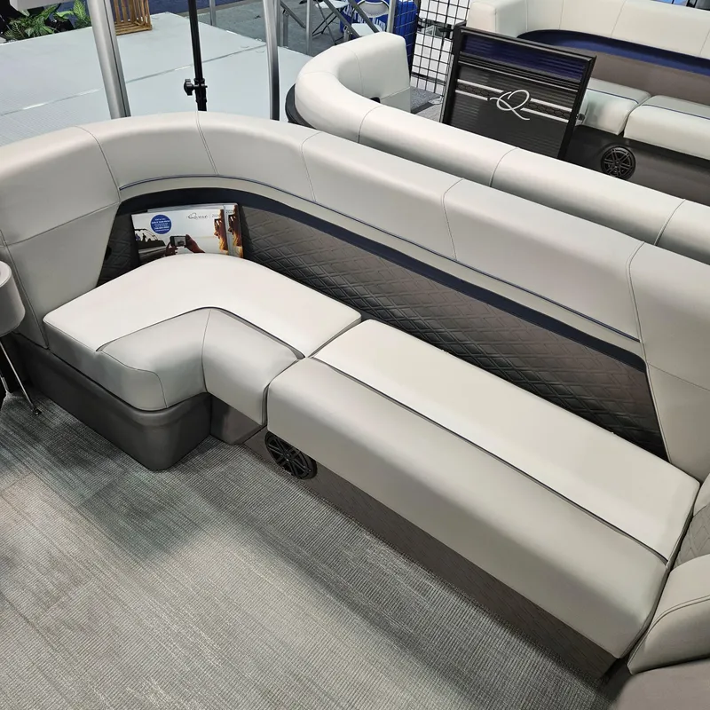 Slide: The Image of Luxurious seating in 2025 Qwest E 20RLS boat, featuring modern design and comfortable upholstery. - 9