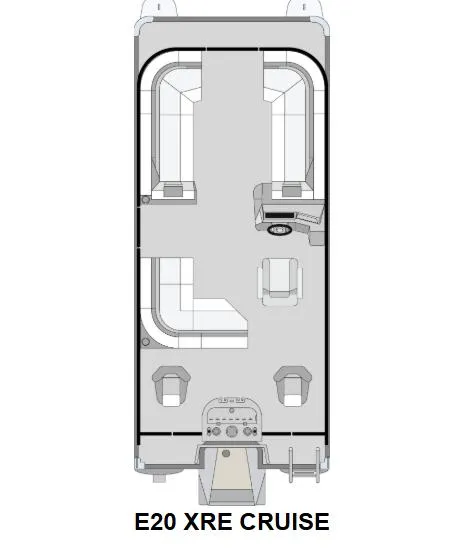 Slide: The Image of Floor plan of 2025 Qwest E 20XRE pontoon boat, labeled "E20 XRE CRUISE." - 1