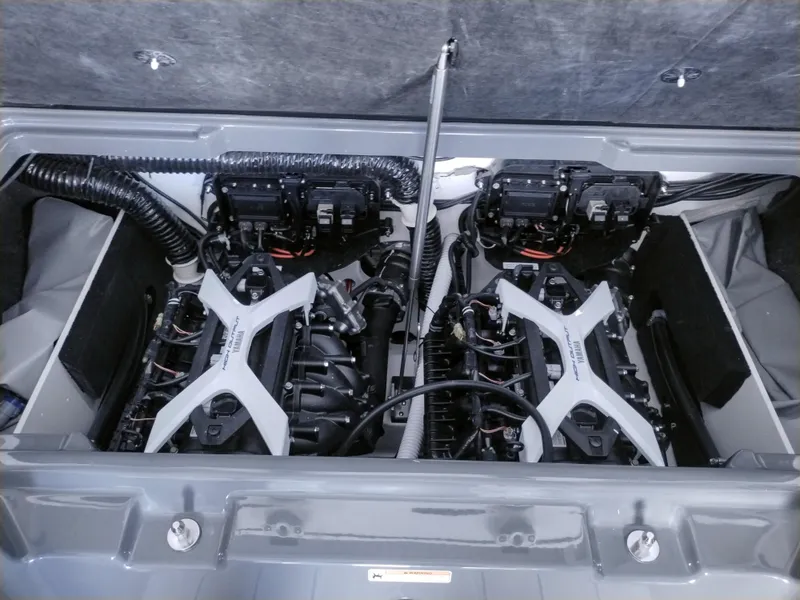 Slide: The Image of 2025 Yamaha Boats 222XD engine compartment showcasing dual engines and advanced mechanics. - 11