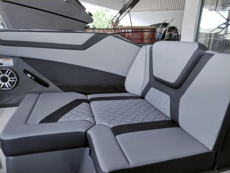 Slide: The Image of 2025 Yamaha Boats 222XD interior seating with modern design and premium upholstery. - 8