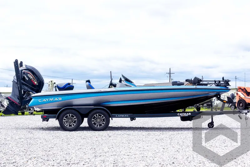 Slide: The Image of 2025 Caymas CX 20 PRO boat on trailer, side view, blue and black design. - 13