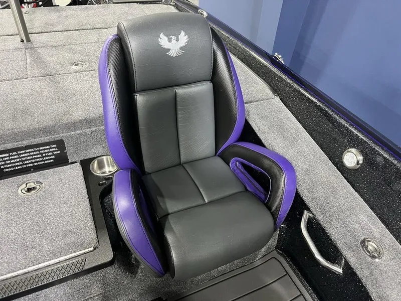 Slide: The Image of 2025 Phoenix 920 Elite boat seat, black and purple design, with embroidered logo. - 26