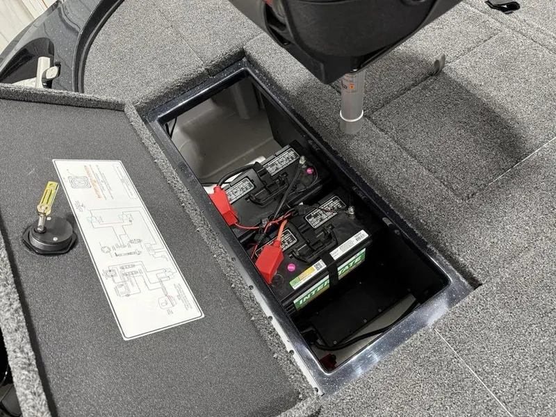 Slide: The Image of Battery compartment of a 2025 Nitro Z18 Pro boat, showcasing dual batteries and wiring. - 20
