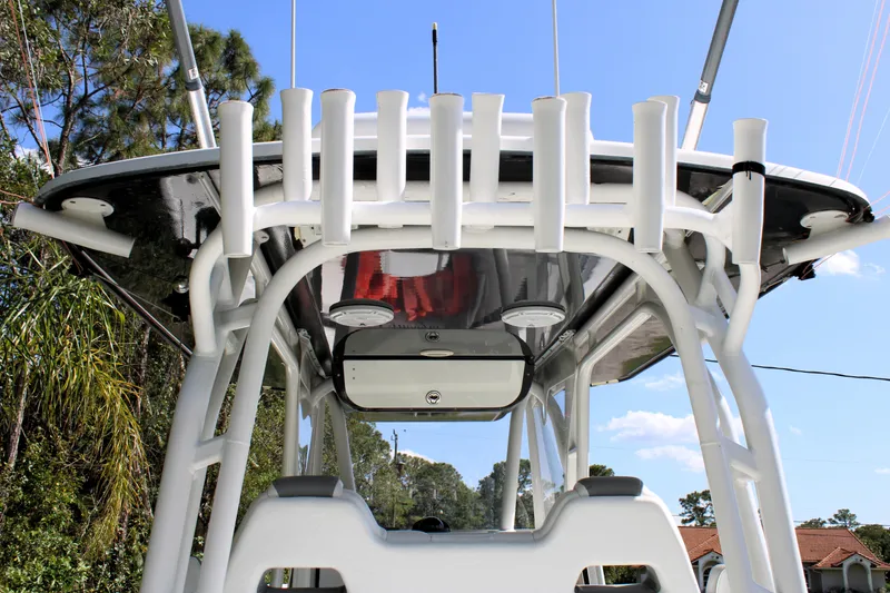 Slide: The Image of 2007 Yellowfin 36 Offshore boat with rod holders and canopy, viewed from below. - 11