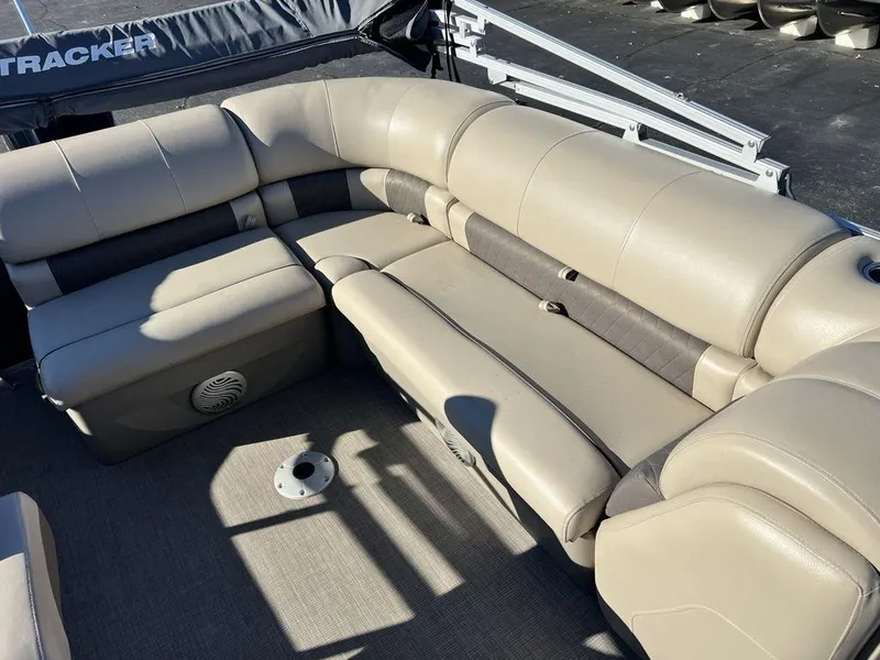 Slide: The Image of 2021 Sun Tracker PARTY BARGE® 20 DLX pontoon boat with beige seating and spacious layout. - 19